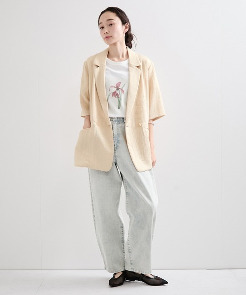 le cercle ADAM ET ROPE'(ルセルクルアダムエロペ)の「麻調ダブル半袖ジャケット(テーラードジャケット・レディース・ブラック/キナリ/ライトグレー・FREE)」の4枚目の写真