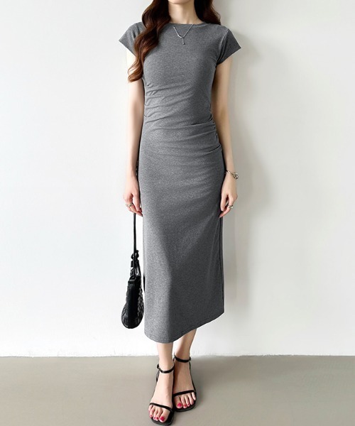 HELMUT LANG ギャザー入りタイトワンピ セール】【美シルエット】 ウエストギャザーTシャツワンピース 半袖