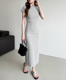 【美シルエット】 ウエストギャザーTシャツワンピース 半袖 ロング ワンピース くびれワンピース タイトワンピース ウエストギャザー ストレッチ Tシャツワンピース 半袖ワンピース 夏ワンピース 春服 夏服