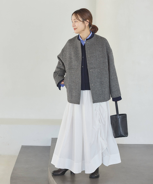 JOURNAL STANDARD（ジャーナルスタンダード）の「《追加》スーパー140ビーバーノーカラーショートコート（ノーカラーコート・レディース・ベージュ系その他/グレー/ブラックミックス/ブラック・38/36）」の20枚目の写真