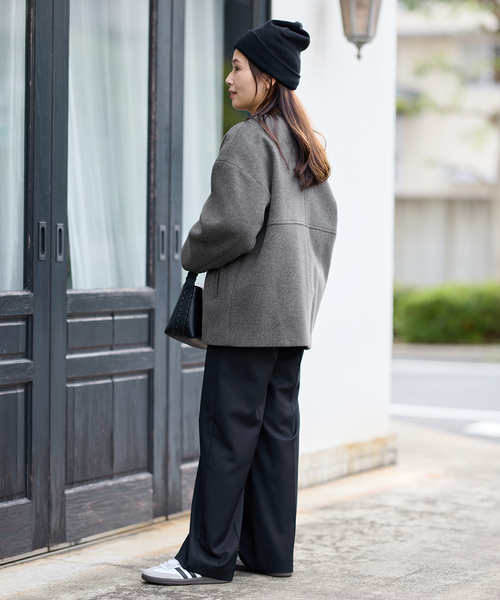 JOURNAL STANDARD（ジャーナルスタンダード）の「《追加》スーパー140ビーバーノーカラーショートコート（ノーカラーコート・レディース・ベージュ系その他/グレー/ブラックミックス/ブラック・38/36）」の5枚目の写真