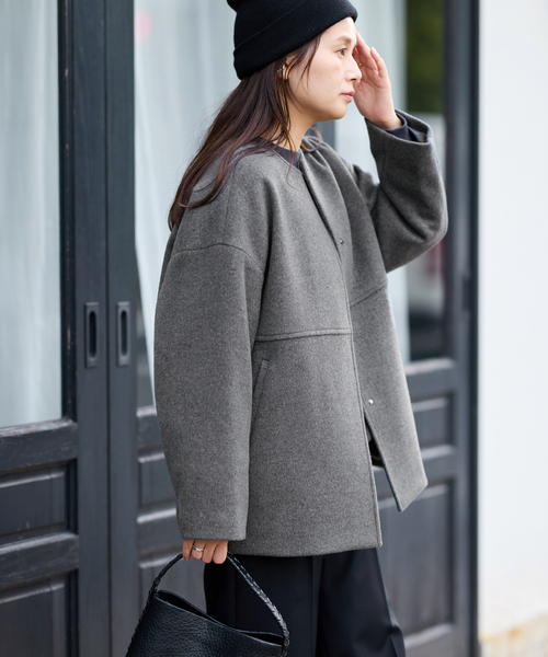 JOURNAL STANDARD（ジャーナルスタンダード）の「《追加》スーパー140ビーバーノーカラーショートコート（ノーカラーコート・レディース・ベージュ系その他/グレー/ブラックミックス/ブラック・38/36）」の7枚目の写真