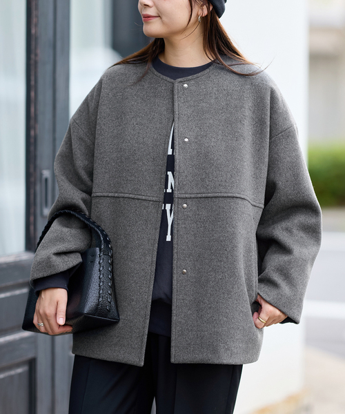 JOURNAL STANDARD（ジャーナルスタンダード）の「《追加》スーパー140ビーバーノーカラーショートコート（ノーカラーコート・レディース・ベージュ系その他/グレー/ブラックミックス/ブラック・38/36）」の8枚目の写真