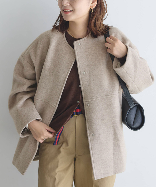 JOURNAL STANDARD（ジャーナルスタンダード）の「《追加》スーパー140ビーバーノーカラーショートコート（ノーカラーコート・レディース・ベージュ系その他/グレー/ブラックミックス/ブラック・38/36）」の13枚目の写真