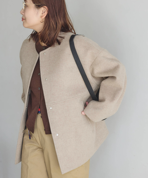 JOURNAL STANDARD（ジャーナルスタンダード）の「《追加》スーパー140ビーバーノーカラーショートコート（ノーカラーコート・レディース・ベージュ系その他/グレー/ブラックミックス/ブラック・38/36）」の14枚目の写真