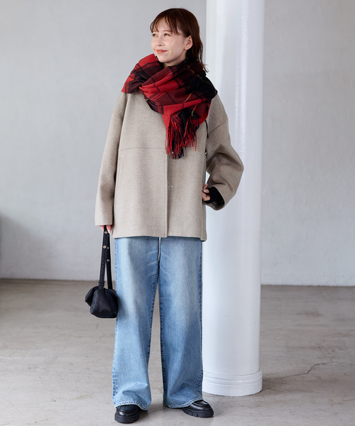 JOURNAL STANDARD（ジャーナルスタンダード）の「《追加》スーパー140ビーバーノーカラーショートコート（ノーカラーコート・レディース・ベージュ系その他/グレー/ブラックミックス/ブラック・38/36）」の15枚目の写真