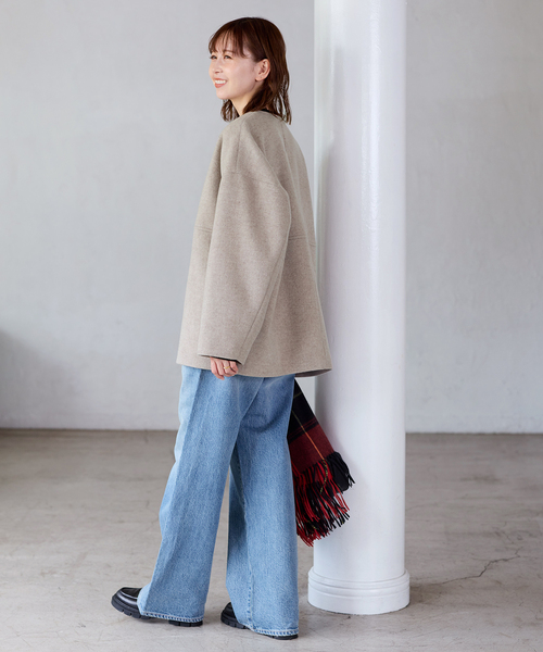 JOURNAL STANDARD（ジャーナルスタンダード）の「《追加》スーパー140ビーバーノーカラーショートコート（ノーカラーコート・レディース・ベージュ系その他/グレー/ブラックミックス/ブラック・38/36）」の16枚目の写真