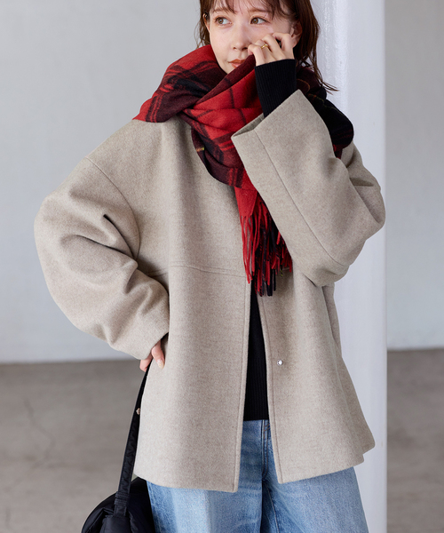 JOURNAL STANDARD（ジャーナルスタンダード）の「《追加》スーパー140ビーバーノーカラーショートコート（ノーカラーコート・レディース・ベージュ系その他/グレー/ブラックミックス/ブラック・38/36）」の21枚目の写真