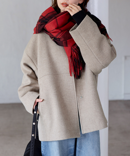 JOURNAL STANDARD（ジャーナルスタンダード）の「《追加》スーパー140ビーバーノーカラーショートコート（ノーカラーコート・レディース・ベージュ系その他/グレー/ブラックミックス/ブラック・38/36）」の22枚目の写真