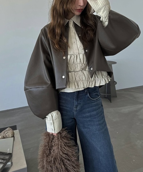 セール】volume 2way sleeve synthetic leather short JK（ノーカラー