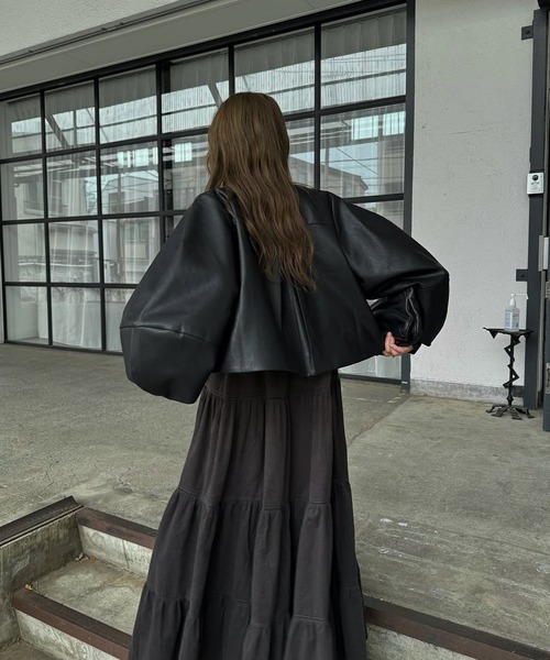 セール】volume 2way sleeve synthetic leather short JK（ノーカラー