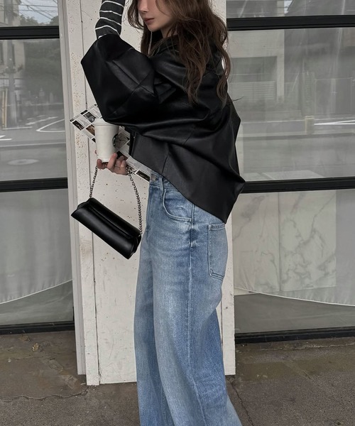 セール】volume 2way sleeve synthetic leather short JK（ノーカラー