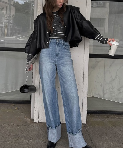 セール】volume 2way sleeve synthetic leather short JK（ノーカラー