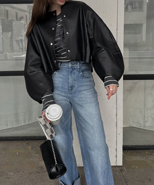 セール】volume 2way sleeve synthetic leather short JK（ノーカラー