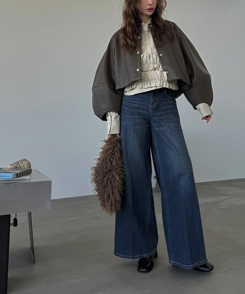 セール】volume 2way sleeve synthetic leather short JK（ノーカラー