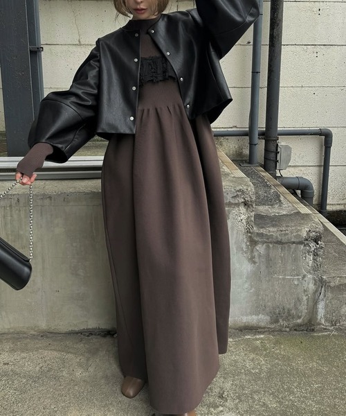 セール】volume 2way sleeve synthetic leather short JK（ノーカラー