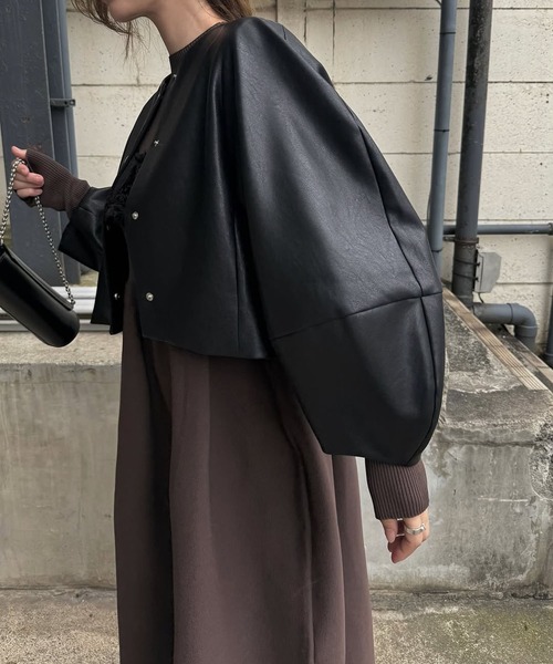 セール】volume 2way sleeve synthetic leather short JK（ノーカラー