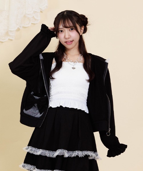 axes femme POETIQUE（アクシーズファムポエティック）の「ドットチュール使いパーカー（カーディガン/ボレロ・レディース・ブラック/ピンク・MEDIUM）」の3枚目の写真