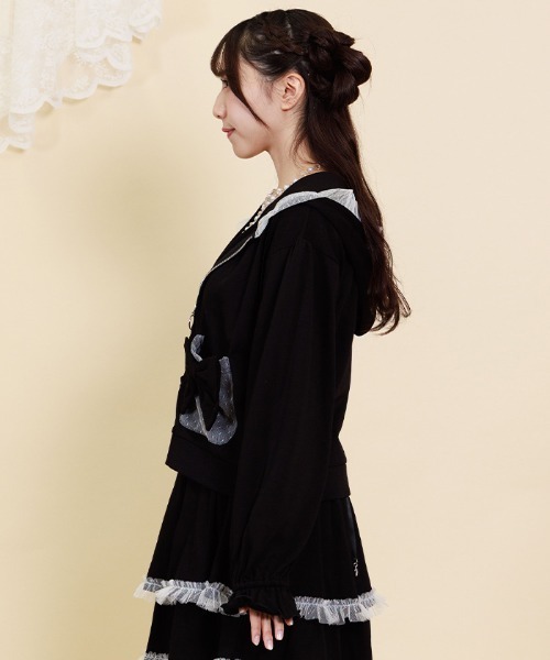 axes femme POETIQUE（アクシーズファムポエティック）の「ドットチュール使いパーカー（カーディガン/ボレロ・レディース・ブラック/ピンク・MEDIUM）」の4枚目の写真