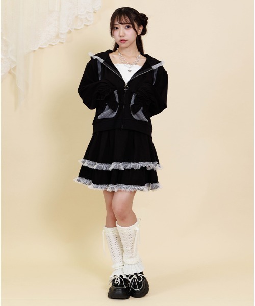 axes femme POETIQUE（アクシーズファムポエティック）の「ドットチュール使いパーカー（カーディガン/ボレロ・レディース・ブラック/ピンク・MEDIUM）」の6枚目の写真