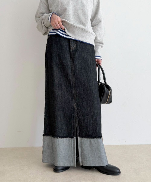 fredy emue(フレディエミュ)の「ロールアップデニムロングスカート(デニムスカート・レディース・キナリ/ブラック/インディゴブルー・マルチサイズ)」の1枚目の写真