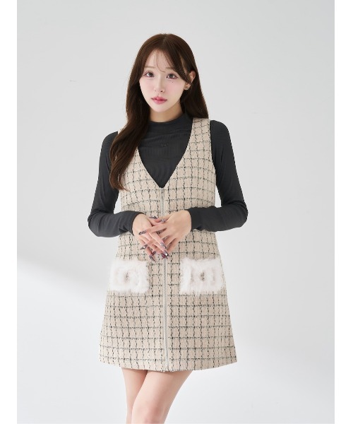 【値下げ】新品未使用タグ付 Darichフロントファスナーツイードミニワンピース 新品未使用タグ付 Darich フロントファスナーツイードミニ