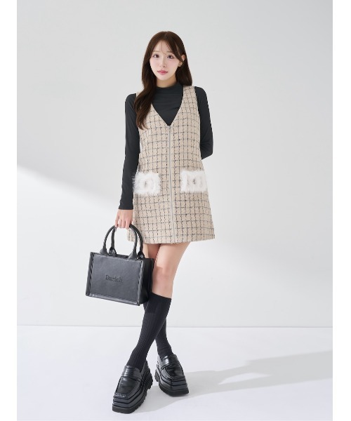 ダーリッチ　フロントファスナーツイードミニワンピース ピンク ダーリッチ Darich フロントファスナーツイードミニワンピース