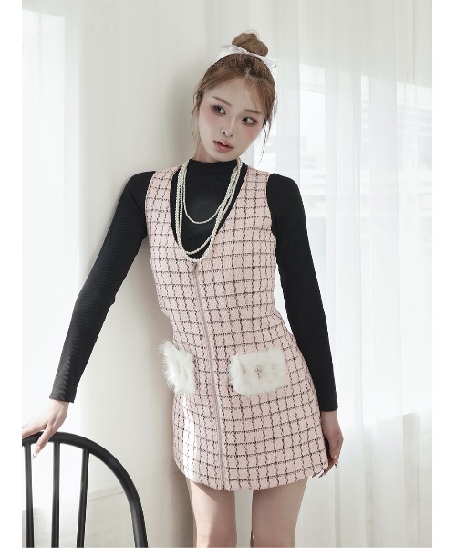 新品タグ付★ダーリッチ フロントファスナーツイードミニワンピース ピンク　FL 新品タグ付き ダーリッチ フロントファスナーツイードミニ