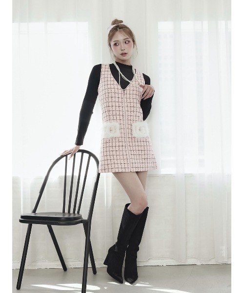 フロントファスナーツイードミニワンピース（ワンピース