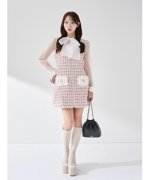 未使用タグ付きダーリッチフロントファスナーツイードミニワンピース　ピンク　フリー ダーリッチ Darich フロントファスナーツイードミニワンピース