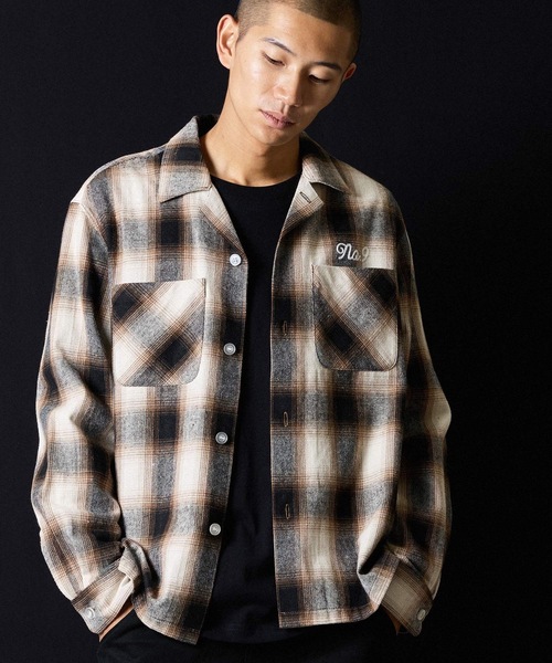 NUMBER (N)INE（ナンバーナイン）の「BRUSHED COTTON OMBRE PLAID FLANNEL OPEN COLLAR SHIRT / コットン オンブレー チェック ロゴ刺繍 オープンカラー シャツ（シャツ/ブラウス・メンズ・ベージュ/グレー・2/3/4）」の13枚目の写真