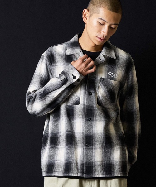 NUMBER (N)INE（ナンバーナイン）の「BRUSHED COTTON OMBRE PLAID FLANNEL OPEN COLLAR SHIRT / コットン オンブレー チェック ロゴ刺繍 オープンカラー シャツ（シャツ/ブラウス・メンズ・ベージュ/グレー・2/3/4）」の5枚目の写真