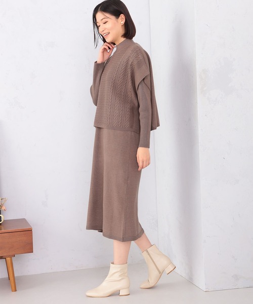 GALLORIA（ギャローリア）の「ケーブル柄ポンチョ付ニットワンピース（ワンピース・レディース・チャコールグレー/モカ・S/M/L/LL）」の7枚目の写真