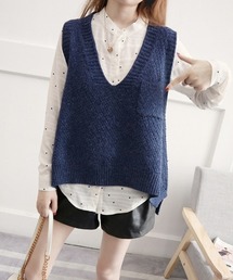 SEU | ニットベスト レディース 重ね着 Vネック ゆったり 前後差 サイドスリット オフィスカジュアル きれいめカジュアル レディース韓国(ベスト)