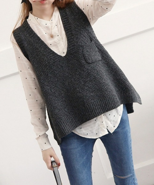 SEU（エスイーユー）の「ニットベスト レディース 重ね着 Vネック ゆったり 前後差 サイドスリット オフィスカジュアル きれいめカジュアル レディース韓国（ベスト・レディース・ブラウン/ネイビー/チャコール・フリー）」の2枚目の写真