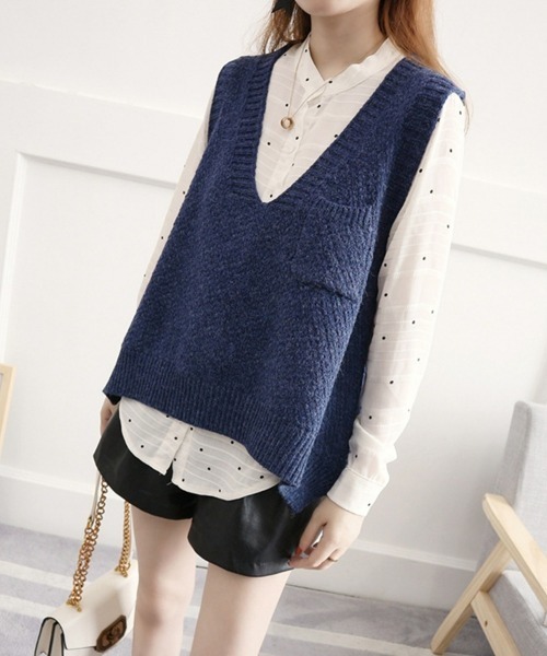 SEU（エスイーユー）の「ニットベスト レディース 重ね着 Vネック ゆったり 前後差 サイドスリット オフィスカジュアル きれいめカジュアル レディース韓国（ベスト・レディース・ブラウン/ネイビー/チャコール・フリー）」の10枚目の写真