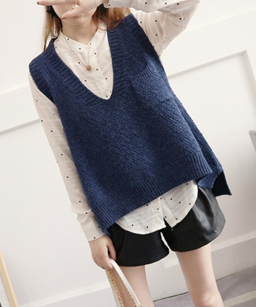 SEU（エスイーユー）の「ニットベスト レディース 重ね着 Vネック ゆったり 前後差 サイドスリット オフィスカジュアル きれいめカジュアル レディース韓国（ベスト・レディース・ブラウン/ネイビー/チャコール・フリー）」の11枚目の写真