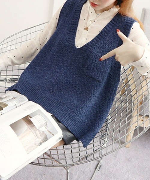 SEU（エスイーユー）の「ニットベスト レディース 重ね着 Vネック ゆったり 前後差 サイドスリット オフィスカジュアル きれいめカジュアル レディース韓国（ベスト・レディース・ブラウン/ネイビー/チャコール・フリー）」の12枚目の写真