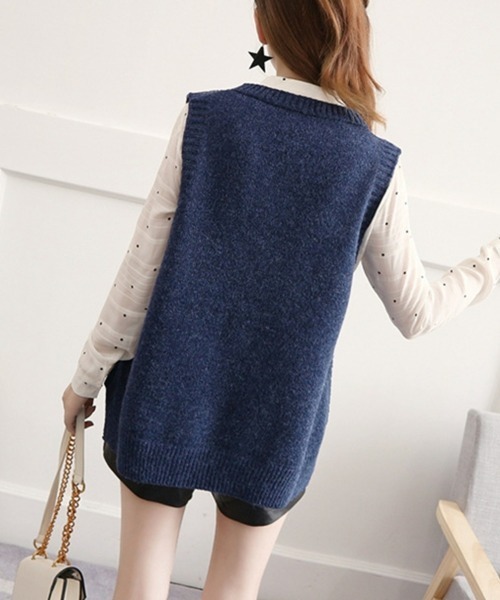 SEU（エスイーユー）の「ニットベスト レディース 重ね着 Vネック ゆったり 前後差 サイドスリット オフィスカジュアル きれいめカジュアル レディース韓国（ベスト・レディース・ブラウン/ネイビー/チャコール・フリー）」の13枚目の写真