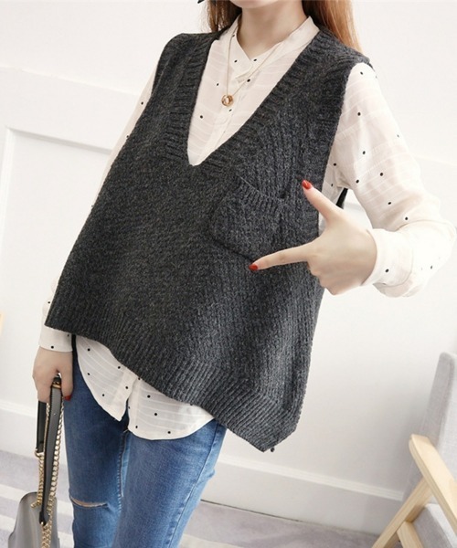 SEU（エスイーユー）の「ニットベスト レディース 重ね着 Vネック ゆったり 前後差 サイドスリット オフィスカジュアル きれいめカジュアル レディース韓国（ベスト・レディース・ブラウン/ネイビー/チャコール・フリー）」の5枚目の写真