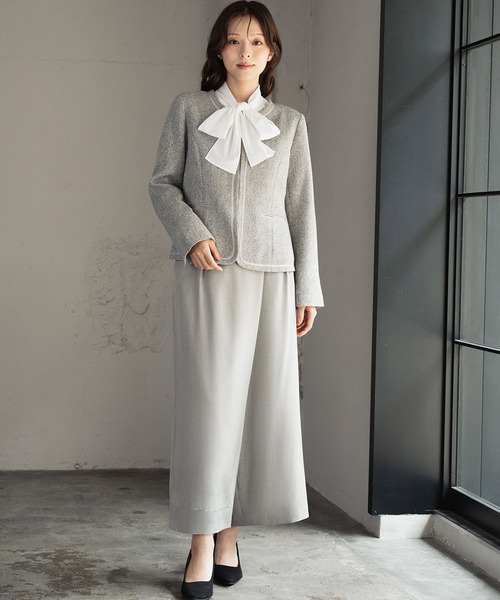 セール】ノーカラー ツイードジャケット 巻きスカート風 ワイドパンツ