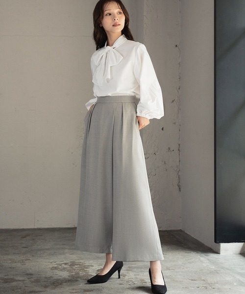 セール】ノーカラー ツイードジャケット 巻きスカート風 ワイドパンツ