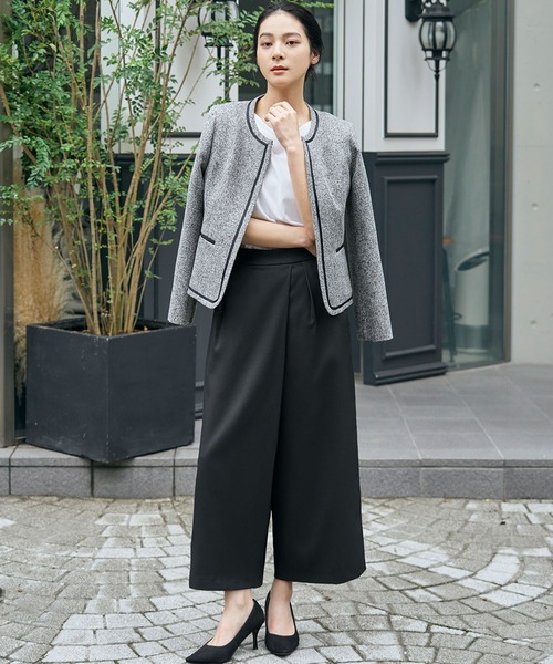 セール】ノーカラー ツイードジャケット 巻きスカート風 ワイドパンツ
