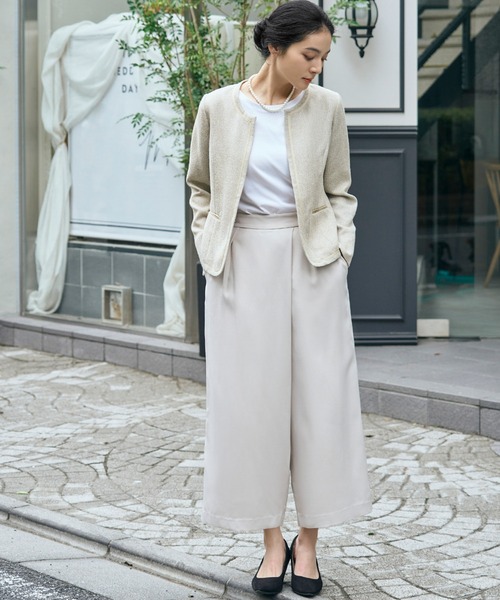 セール】ノーカラー ツイードジャケット 巻きスカート風 ワイドパンツ