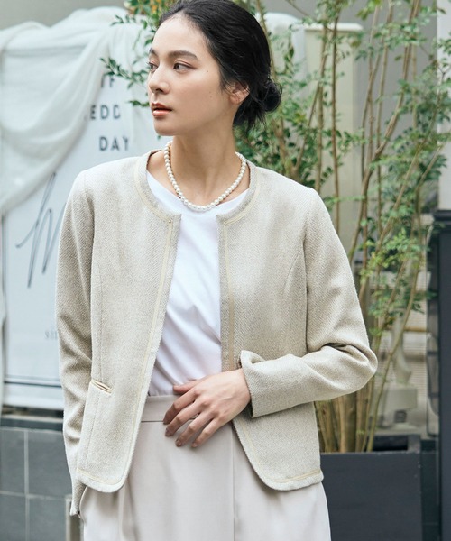 セール】ノーカラー ツイードジャケット 巻きスカート風 ワイドパンツ