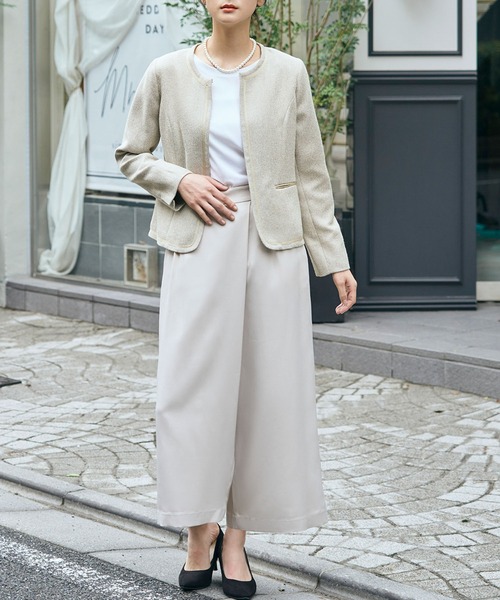 セール】ノーカラー ツイードジャケット 巻きスカート風 ワイドパンツ
