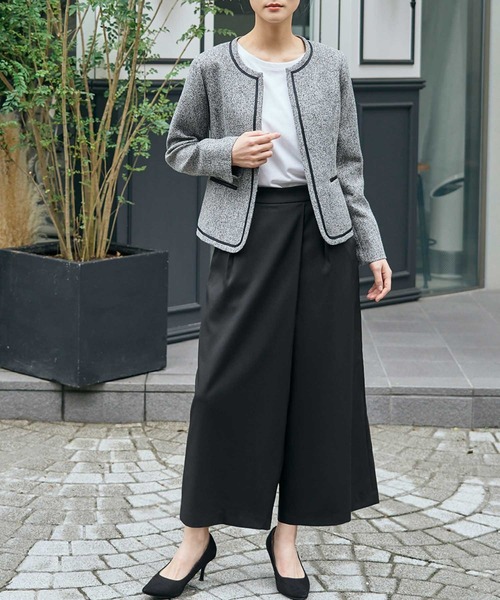 セール】ノーカラー ツイードジャケット 巻きスカート風 ワイドパンツ