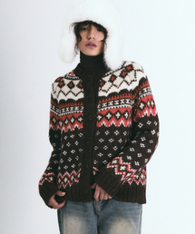 ETHNIC JACQUARD SWEATER CARDIGAN_BROWN