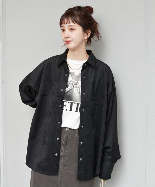B.C STOCK（ベーセーストック）の「《追加》スウェードライクシャツ（シャツ/ブラウス・レディース・キャメル/ブラック・FREE）」の9枚目の写真