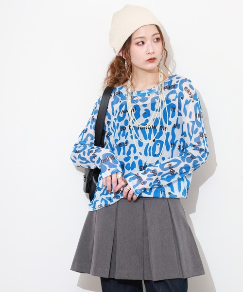 crossi（クロッシー）の「アルファベット&レオパード柄チュールレース長袖カットソー（Tシャツ/カットソー・レディース・ピンク/ブラック/ホワイト/グリーン・FREE）」の2枚目の写真